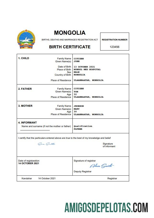 Para baixar modelo Word e PDF de certidão de nascimento da Mongólia